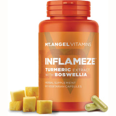 MAV010 | Orange bottle labeled INFLAMEZE turmeric extract with boswellia, 60 vegetarian capsules, pineapple cubes and two green capsules
