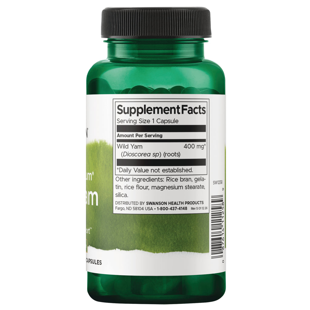 SW1258 | Back of bottle with Supplement Facts for Wild Yam Root 400 mg, other ingredients, and barcode - Thumbnail