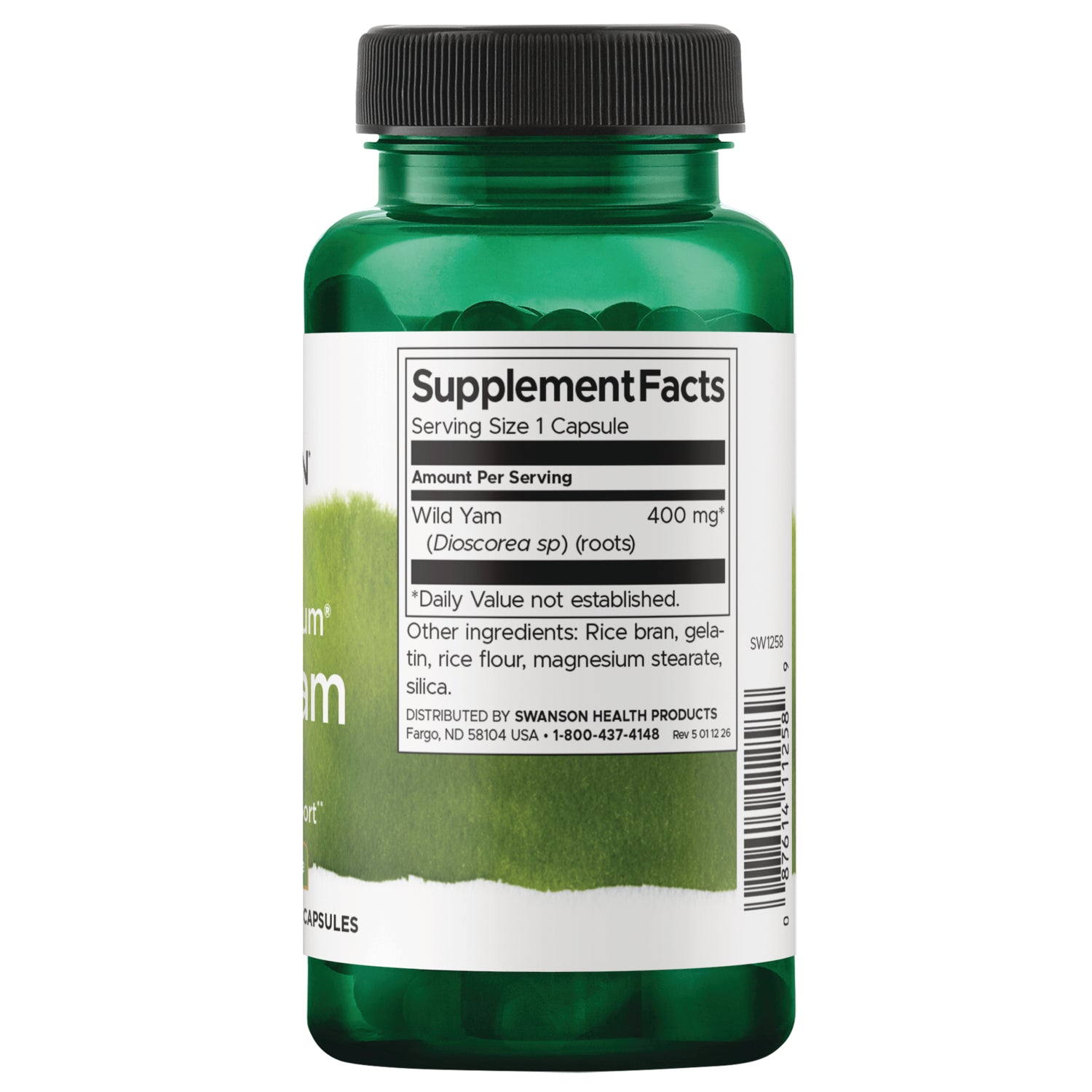 SW1258 | Back of bottle with Supplement Facts for Wild Yam Root 400 mg, other ingredients, and barcode