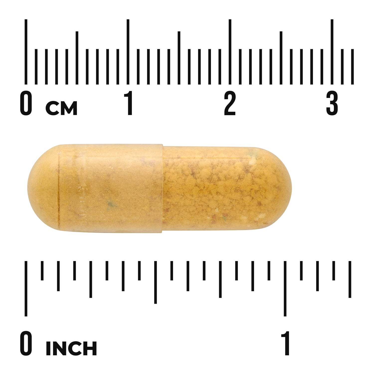 SW257 | Yellow capsule with size reference using centimeter and inch rulers