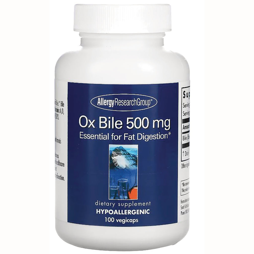 White bottle labeled AllergyResearchGroup Ox Bile 500 mg, Essential for Fat Digestion, hypoallergenic, 100 vegicaps - Thumbnail