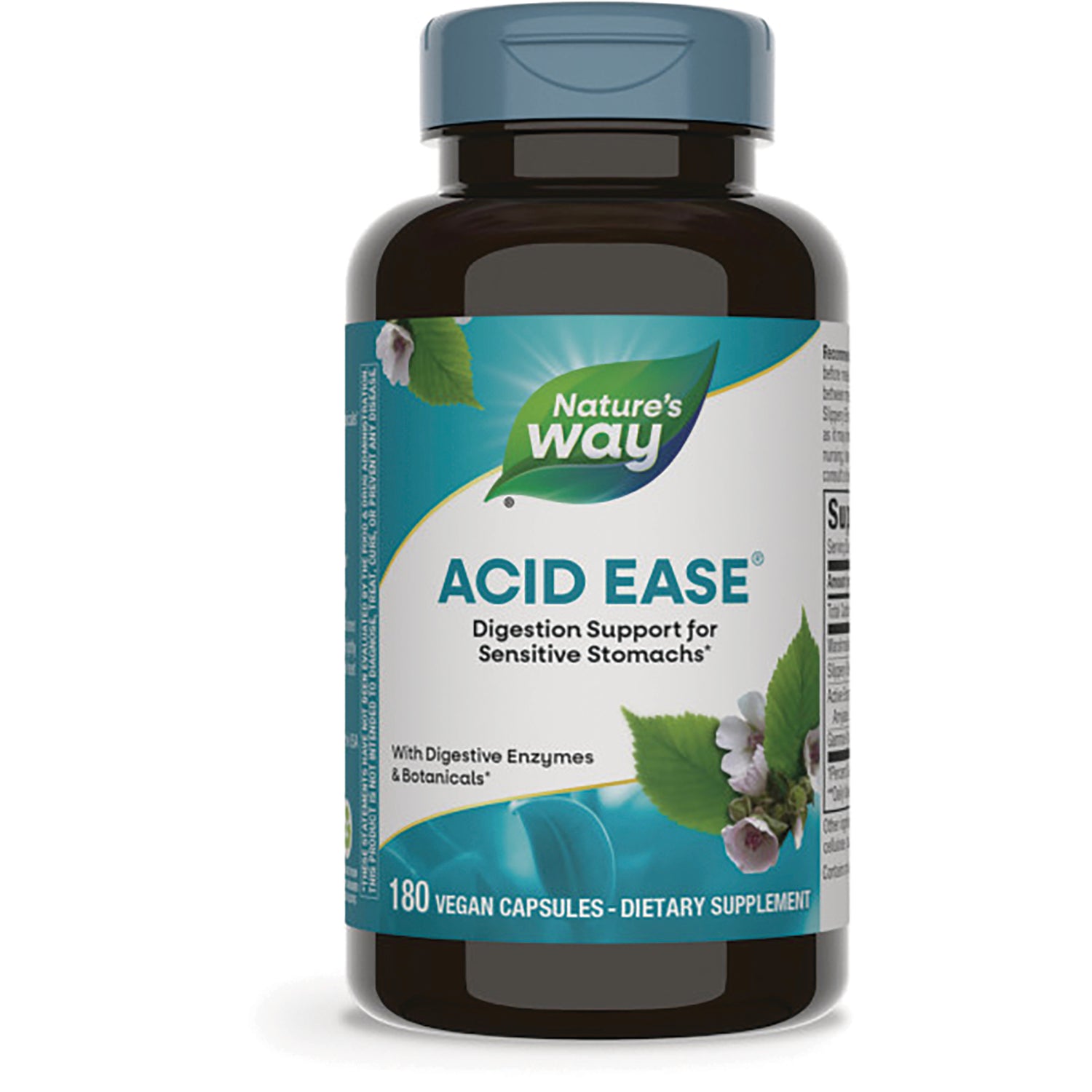 ET314 | Nature's Way Acid Ease dietary supplement bottle front label, 180 vegan capsules