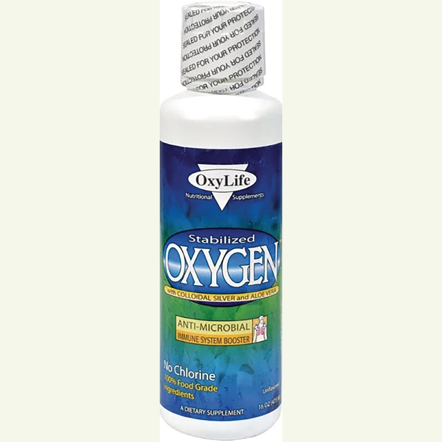 OXY005 | OxyLife Stabilized Oxygen supplement bottle labeled anti-microbial immune system booster