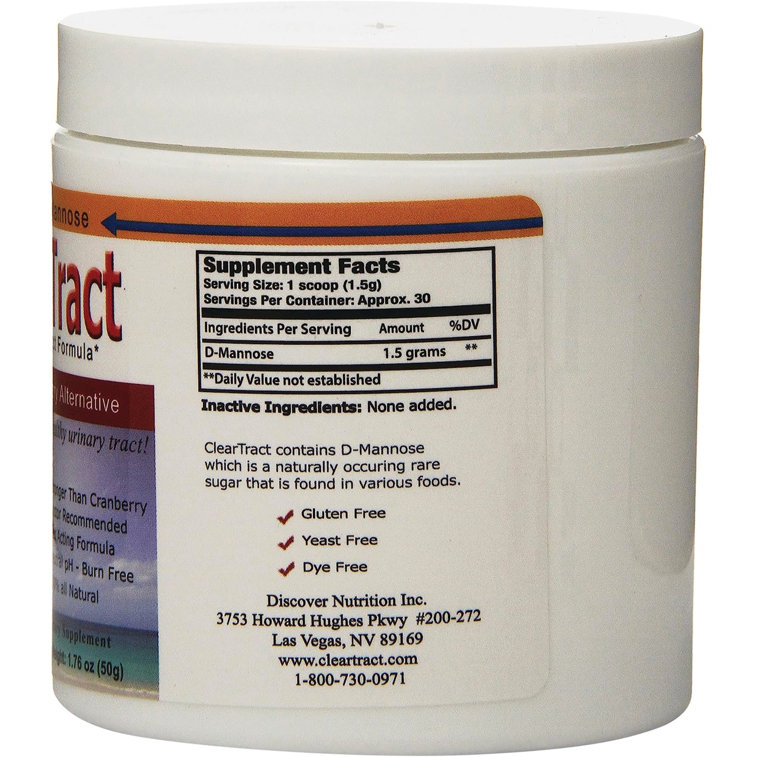 CLE002 | back label showing Supplement Facts with D-Mannose 1.5 grams and company contact info