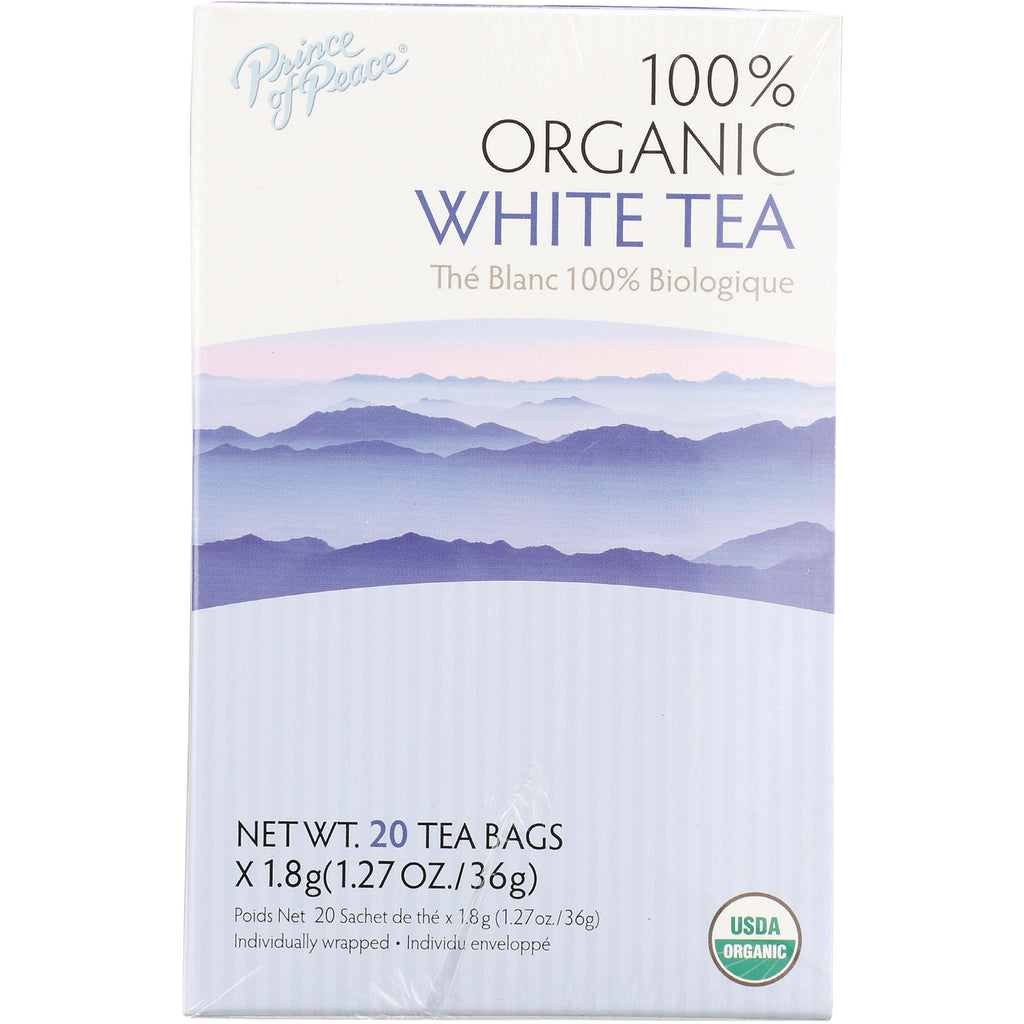 POP034 | Box of 100% organic white tea, 20 individually wrapped tea bags, mountain artwork and USDA Organic seal - Thumbnail