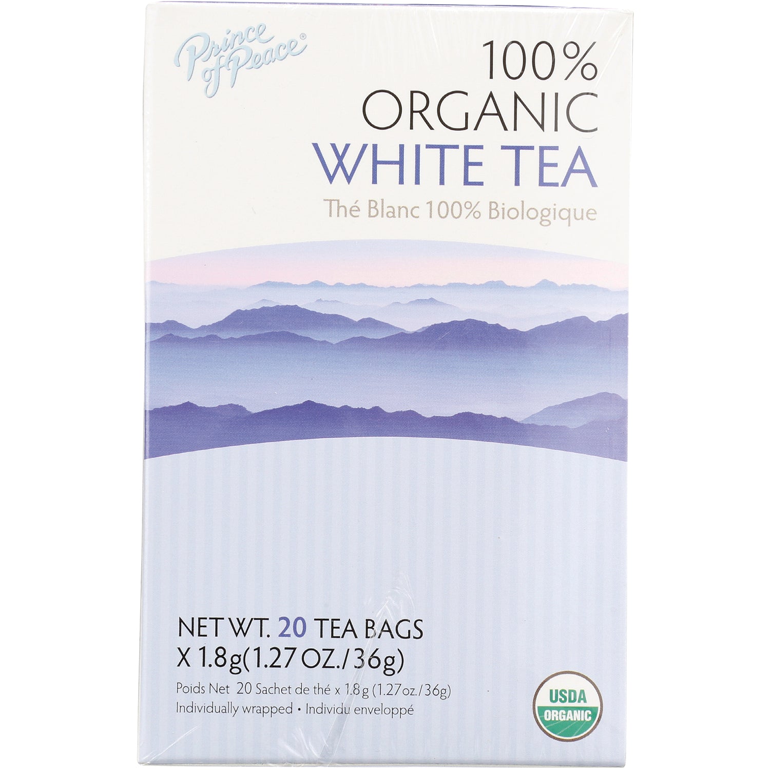 POP034 | Box of 100% organic white tea, 20 individually wrapped tea bags, mountain artwork and USDA Organic seal