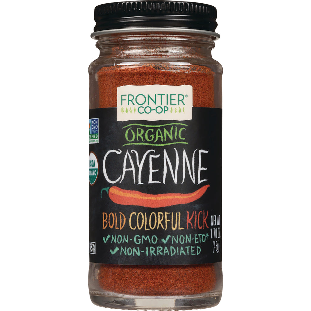 FNP009 | Frontier Co-op glass jar of Organic Cayenne powder with black label reading Bold Colorful Kick and non-GMO - Thumbnail