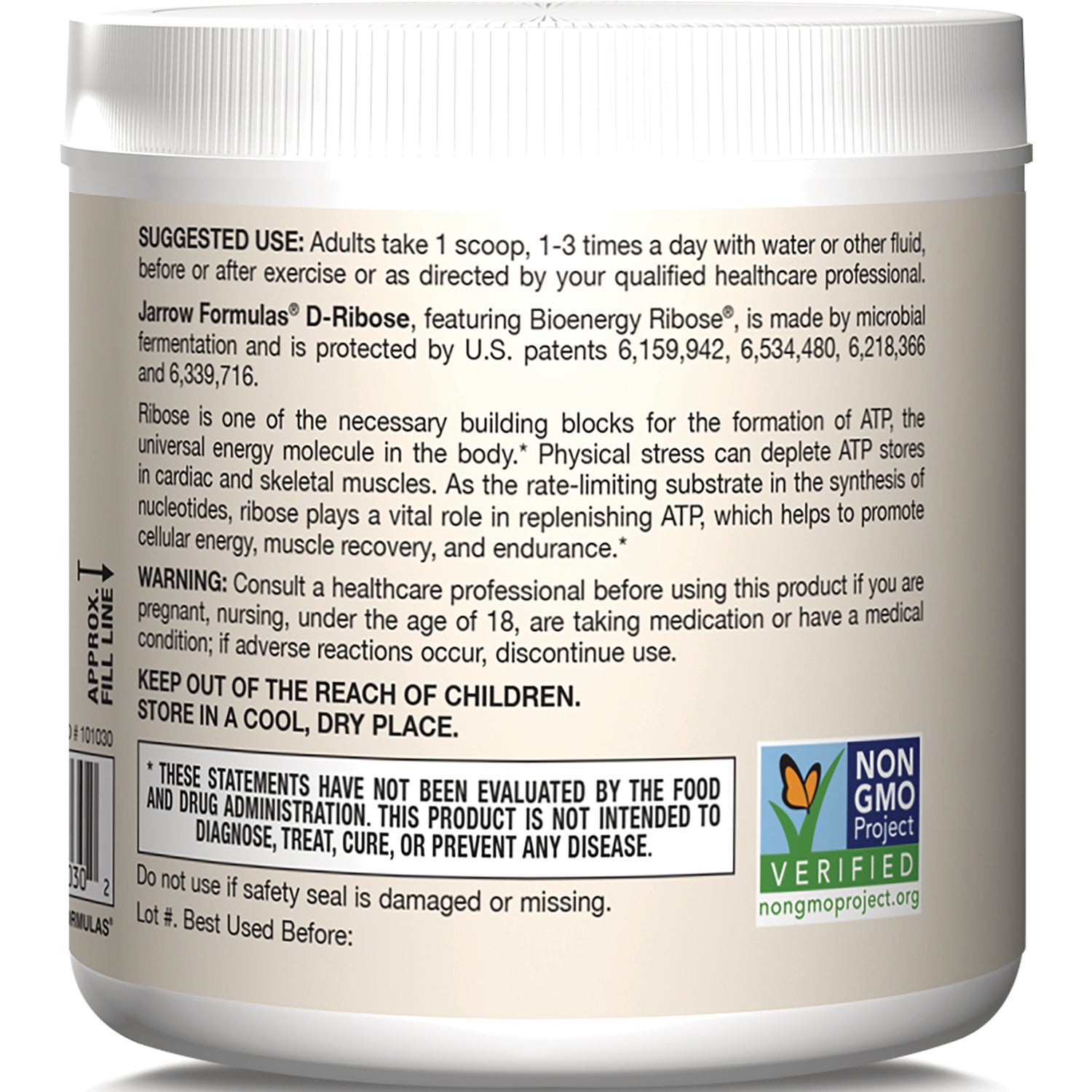 Back label showing suggested use, warnings, storage instructions, and Non GMO Project Verified logo