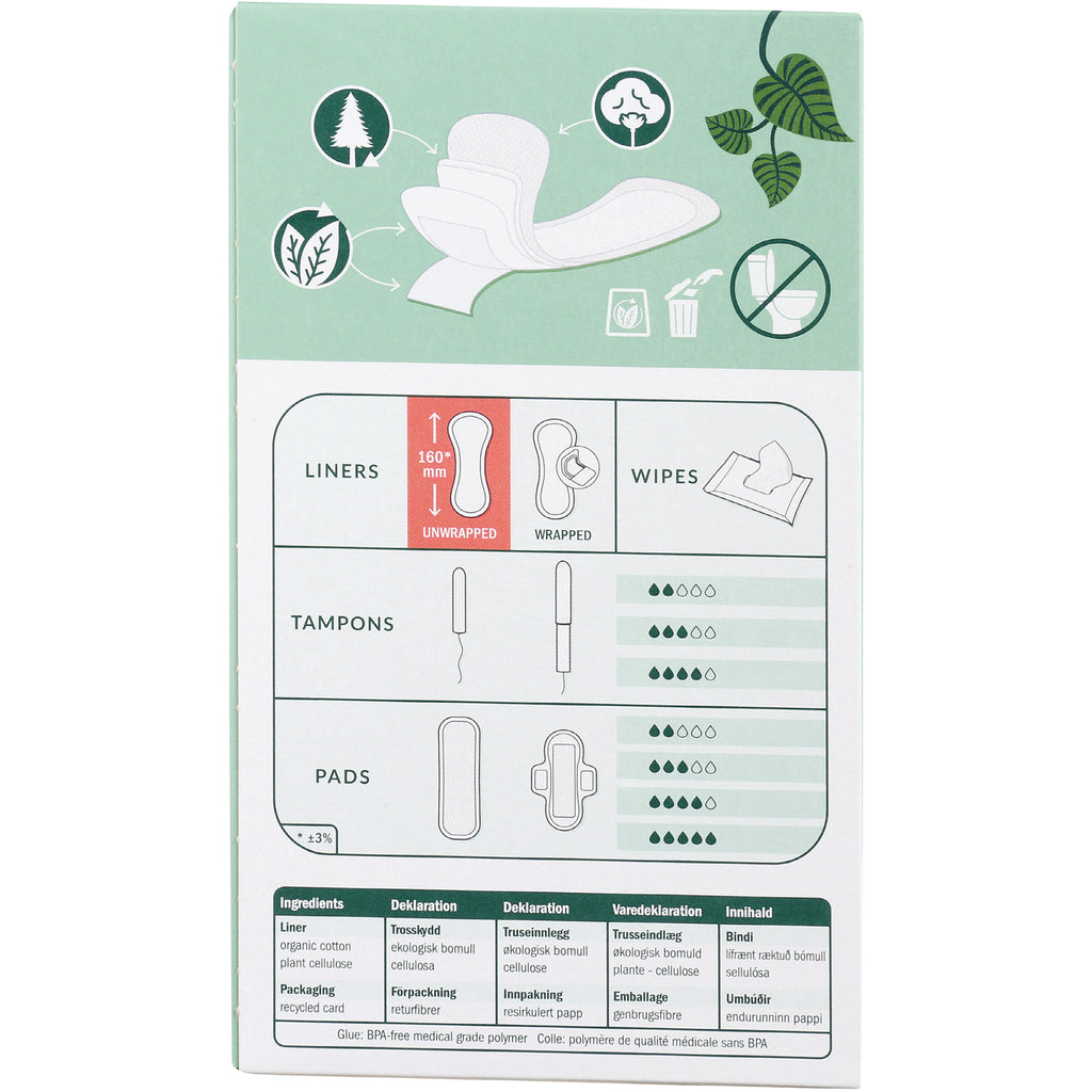 NCR012 | back of sanitary pads box showing usage diagrams sizing chart and ingredients table - Thumbnail