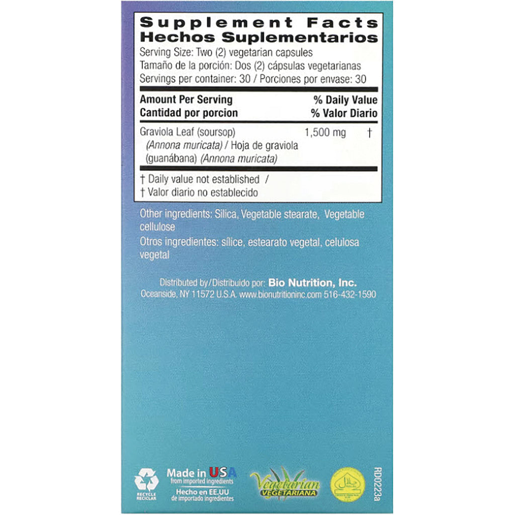 BNN033 | back label with Supplement Facts, serving size two vegetarian capsules, Graviola Leaf 1,500 mg, other ingredients and distributor info - Thumbnail