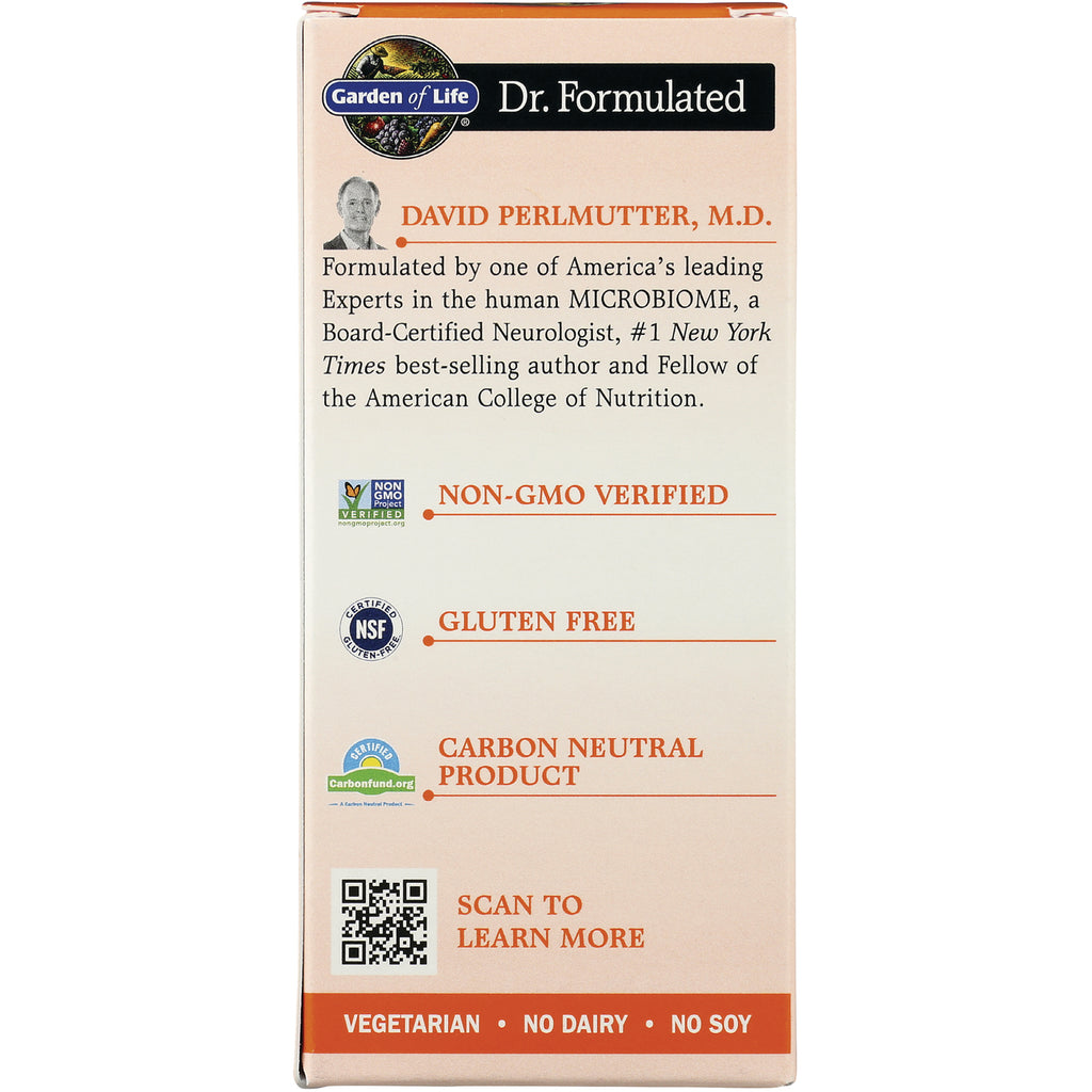 GLF363 | Back of Garden of Life supplement box showing David Perlmutter endorsement, Non-GMO verified, Gluten free, carbon neutral, QR code, vegetarian no dairy no soy - Thumbnail