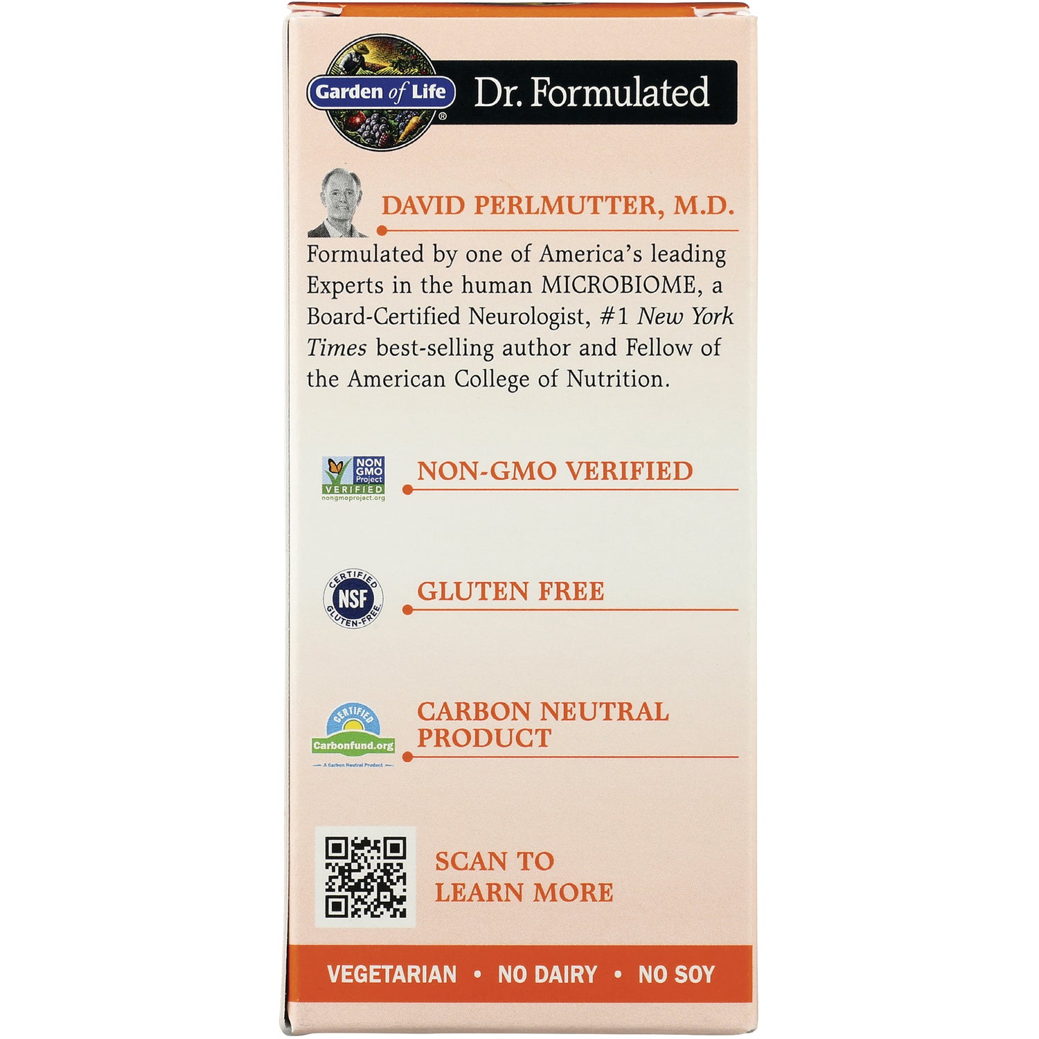 GLF363 | Back of Garden of Life supplement box showing David Perlmutter endorsement, Non-GMO verified, Gluten free, carbon neutral, QR code, vegetarian no dairy no soy