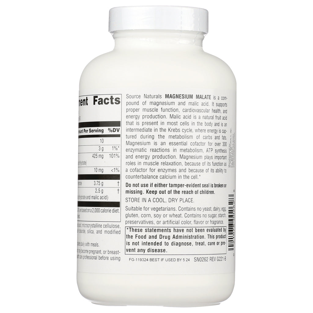 SN120 | back of white supplement bottle showing supplement facts panel and MAGNESIUM MALATE description - Thumbnail