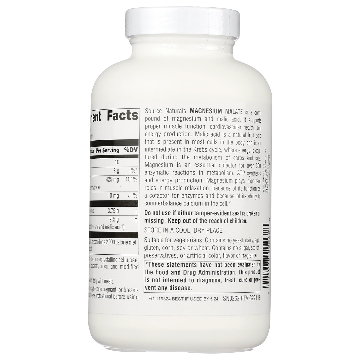 SN120 | back of white supplement bottle showing supplement facts panel and MAGNESIUM MALATE description