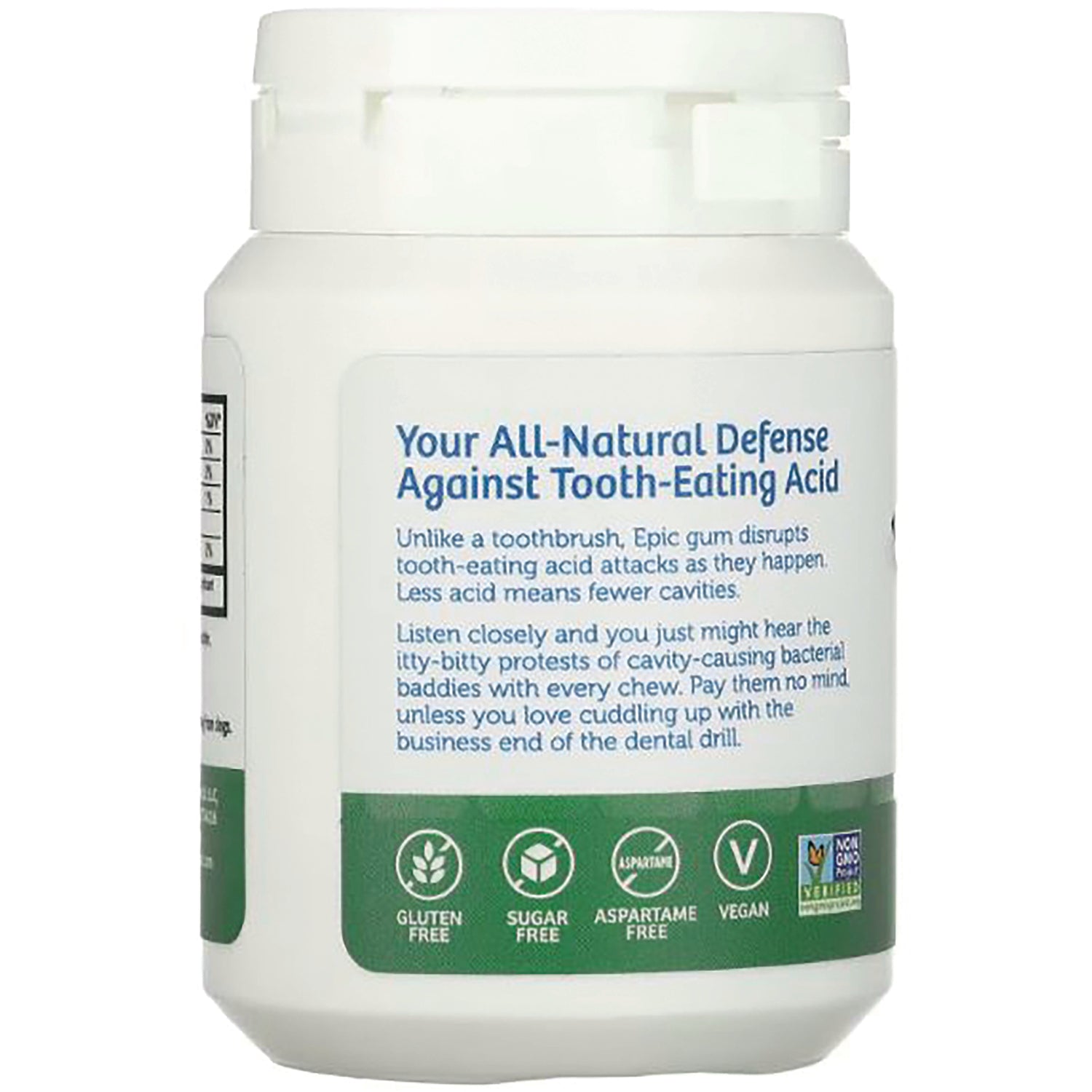 EPI012 | Back label of white bottle reading Your All-Natural Defense Against Tooth-Eating Acid with gluten free, sugar free, aspartame free and vegan icons