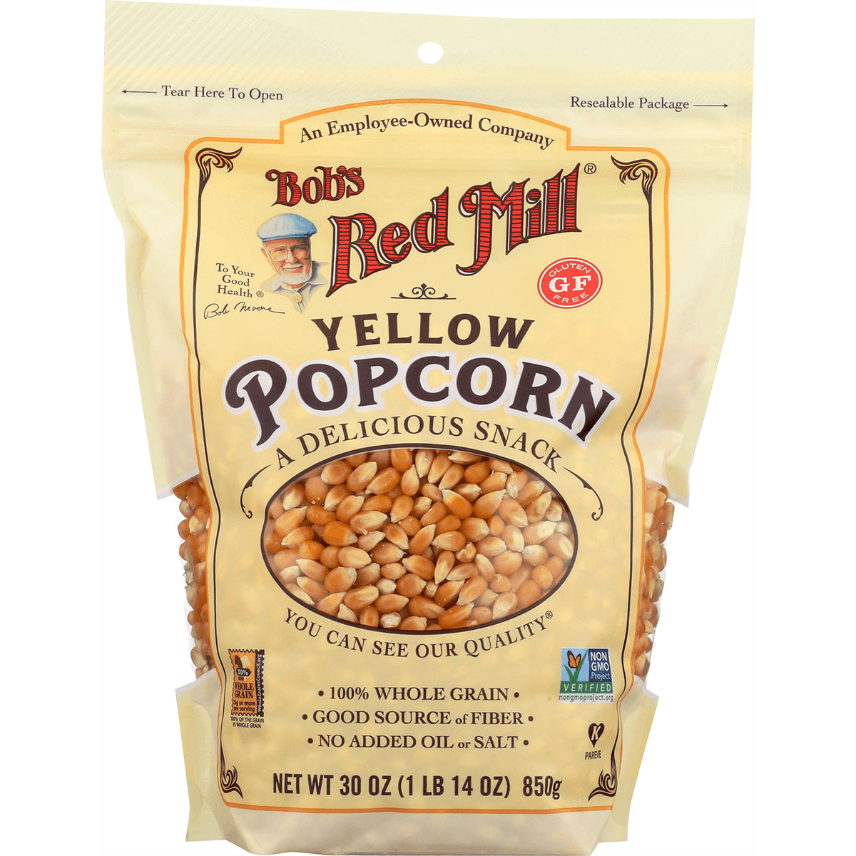 BOB344 | Bob's Red Mill yellow popcorn kernels bag with clear window showing kernels, 30 oz