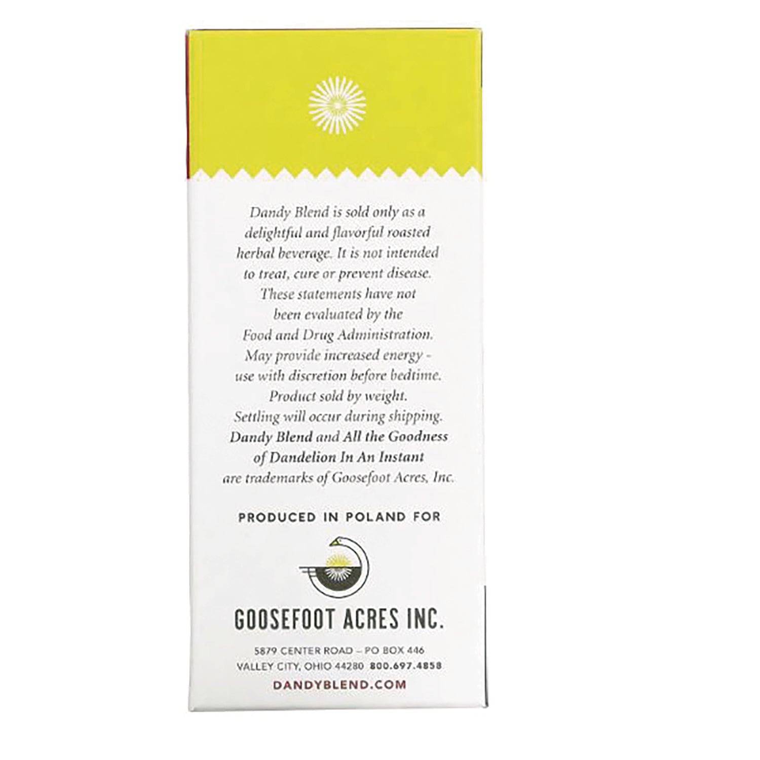 DDY003 | product infographic showing side panel with text, Goosefoot Acres Inc. logo and DANDYBLEND.COM