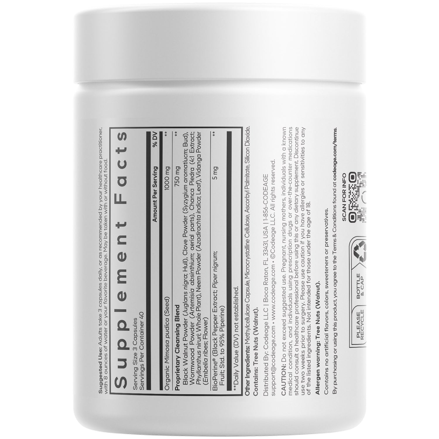 CDG052 | Back label of white supplement bottle showing Supplement Facts panel, ingredients, QR code and recycling icons