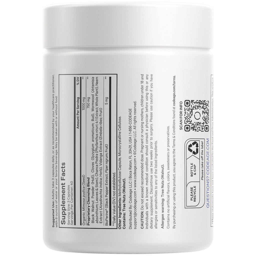 CDG052 | Back label of white supplement bottle showing Supplement Facts panel, ingredients, QR code and recycling icons - Thumbnail