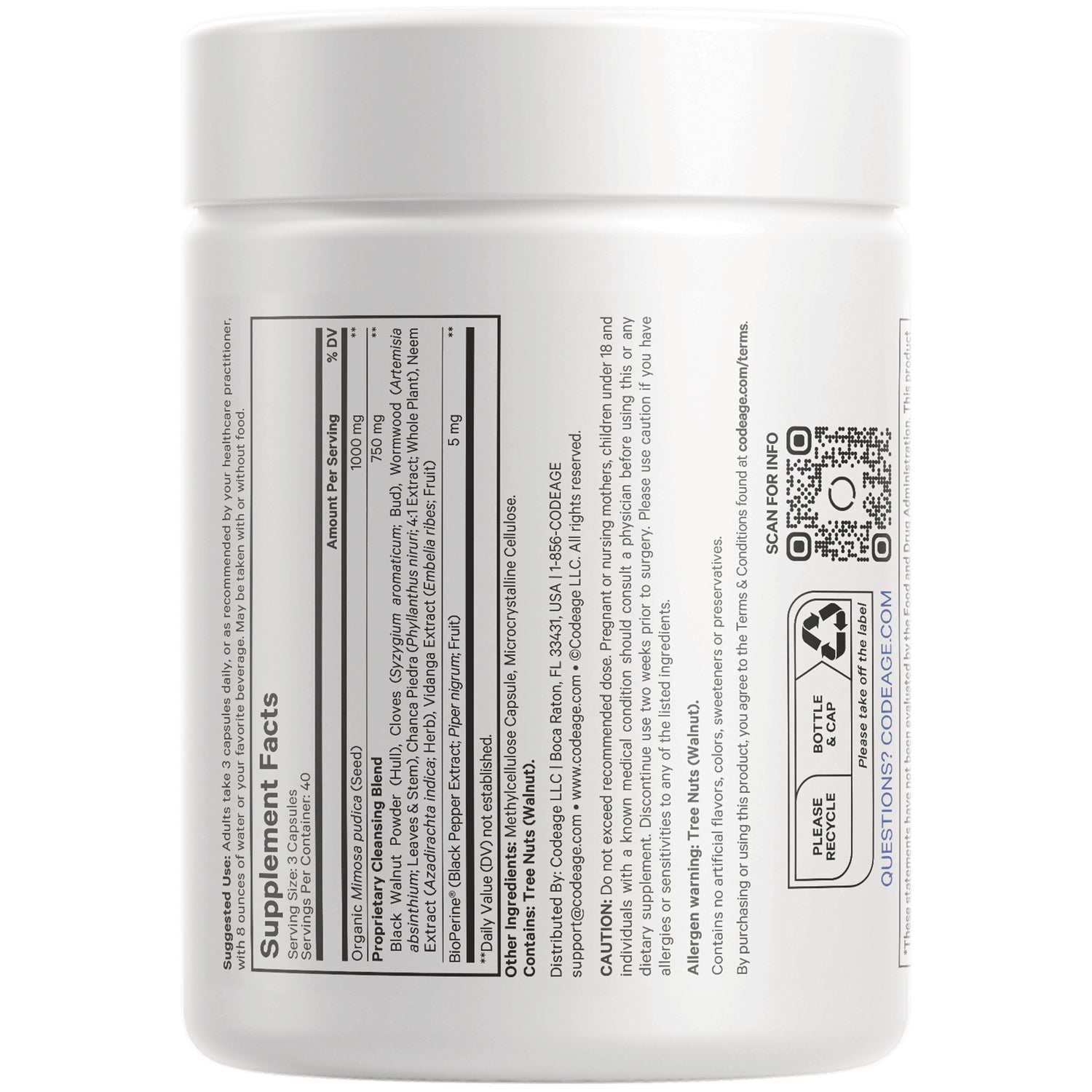 CDG052 | Back label of white supplement bottle showing Supplement Facts panel, ingredients, QR code and recycling icons