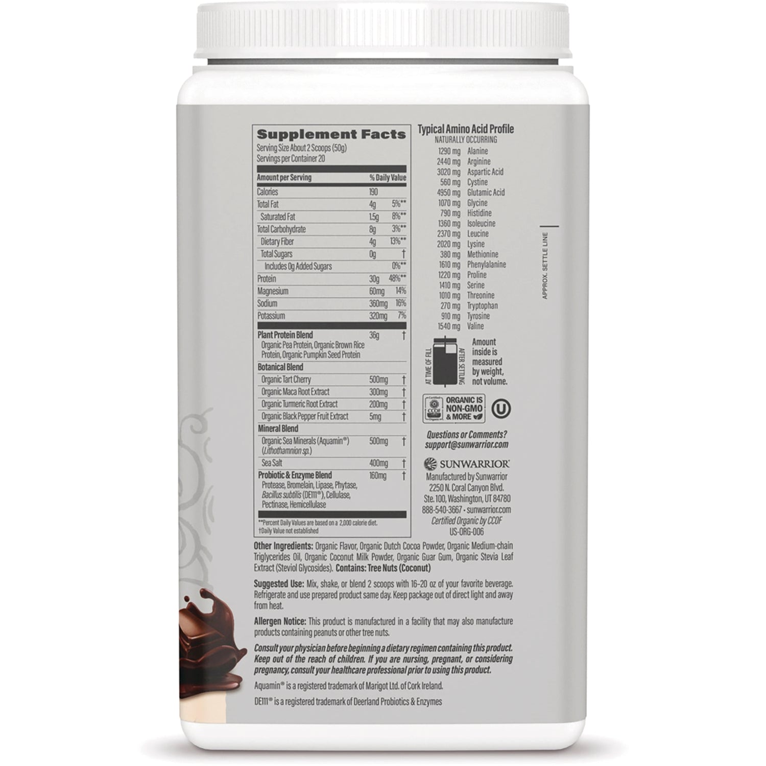 SNW044 | Back label with Supplement Facts, ingredients, amino acid profile, and certifications for chocolate protein powder