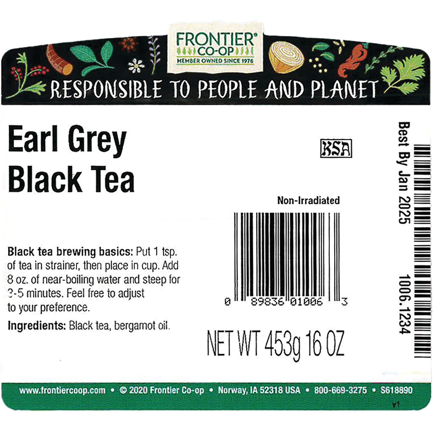 FNP080 | Back label of Frontier Earl Grey Black Tea showing brewing basics, ingredients, barcode and NET WT 453g 16 OZ