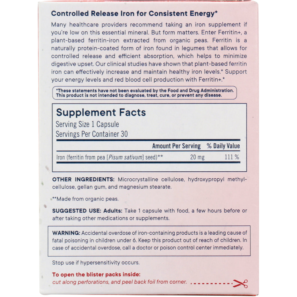 FL105 | back of pink supplement box showing Supplement Facts panel with iron content, ingredients, suggested use and warning - Thumbnail