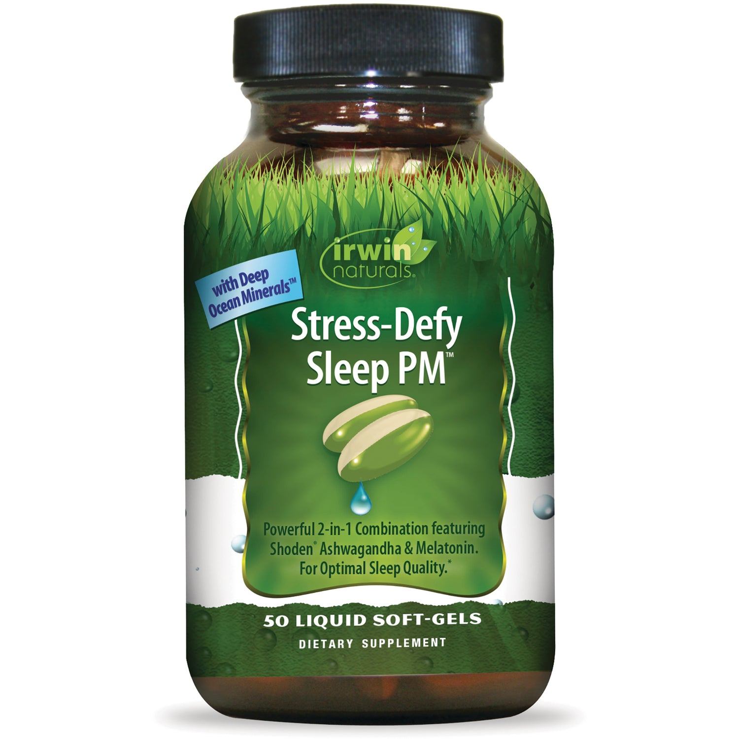 IR260 | Irwin Naturals Stress-Defy Sleep PM bottle front showing label and 50 liquid soft-gels