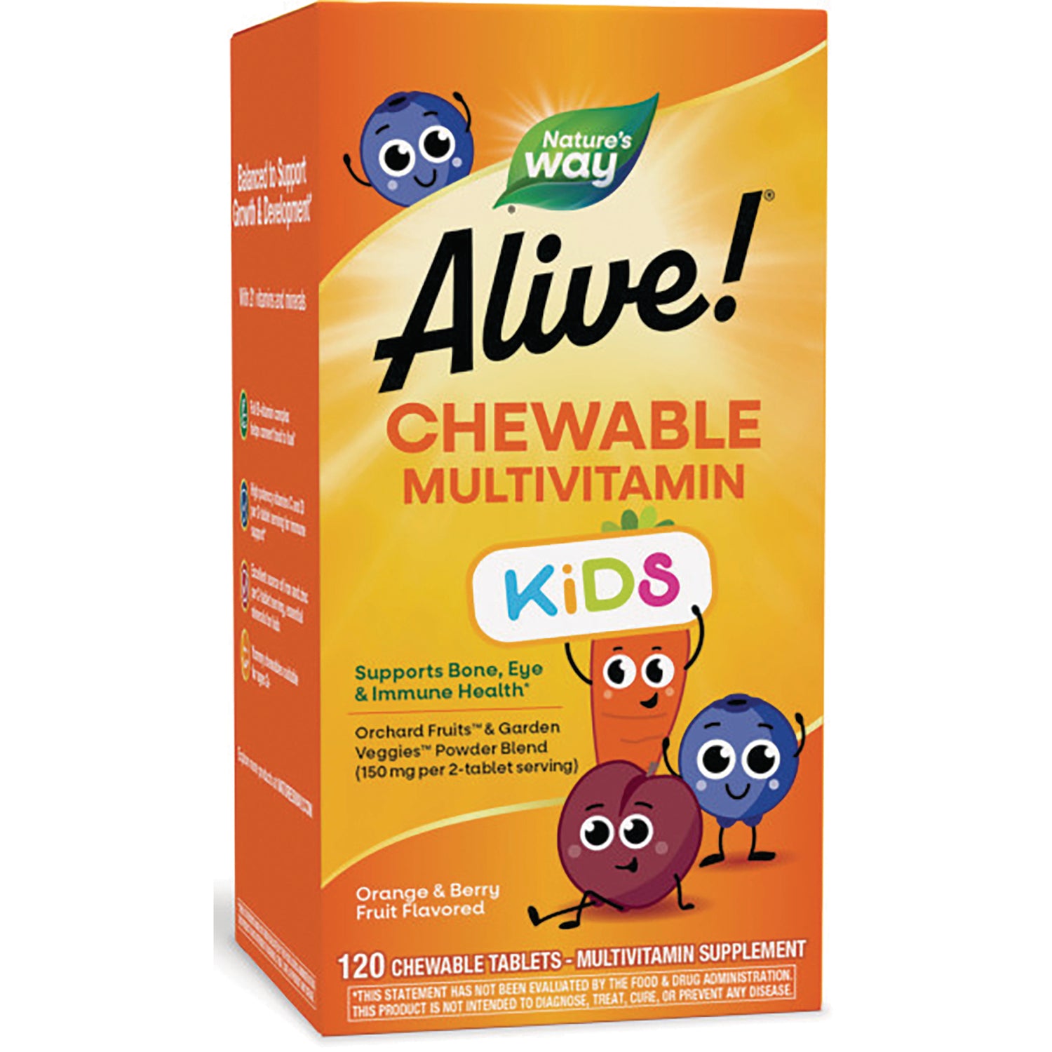 NW800 | Nature's Way Alive! chewable multivitamin for kids box, orange & berry fruit flavored, 120 tablets