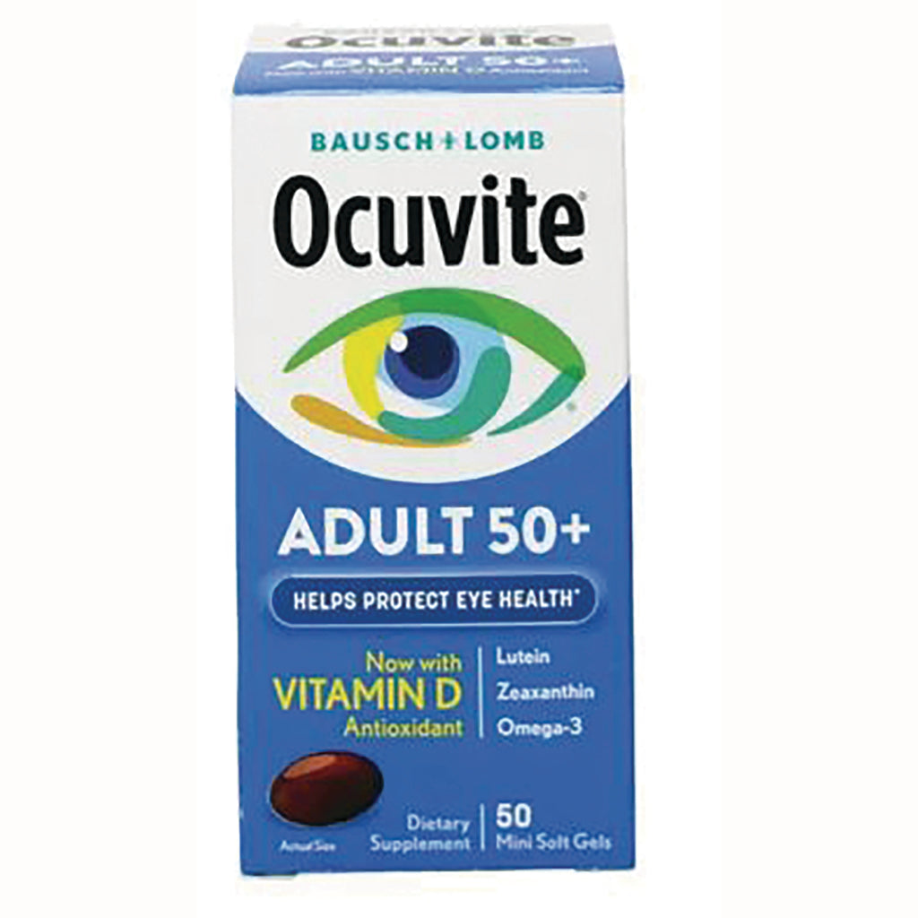 BNL015 | Ocuvite Adult 50+ front box with Vitamin D dietary supplement, 50 mini soft gels - Thumbnail