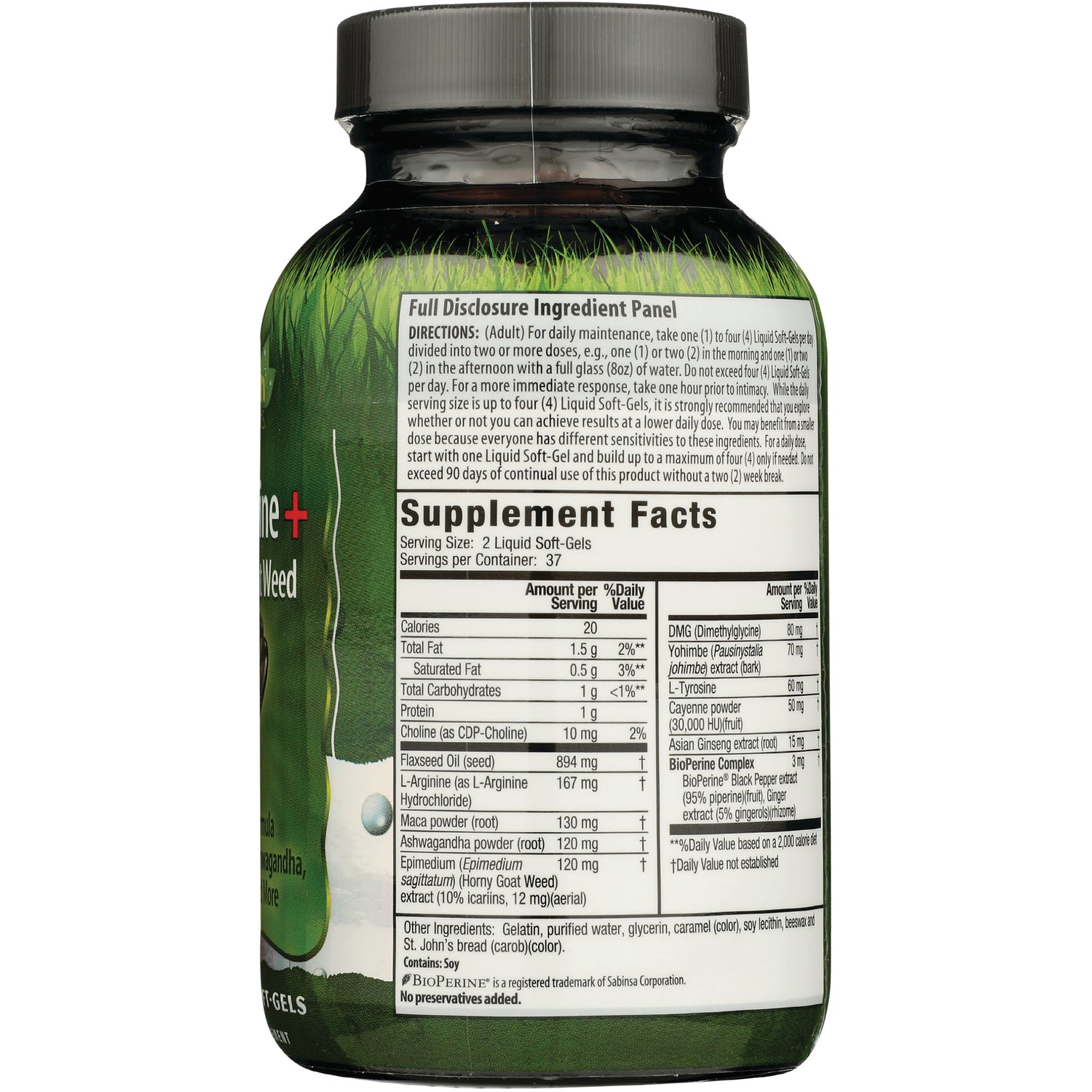 IR222 | back label showing Full Disclosure Ingredient Panel and Supplement Facts on green supplement bottle
