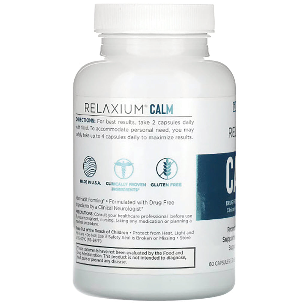 REL004 | back of white Relaxium Calm supplement bottle label showing directions and icons for Made in USA and gluten free - Thumbnail