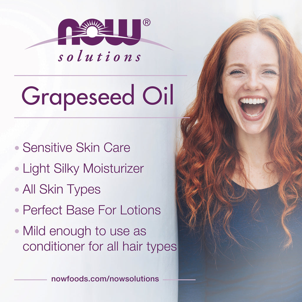 NWF054 | Grapeseed Oil infographic listing benefits like sensitive skin care and light silky moisturizer alongside smiling redheaded woman - Thumbnail