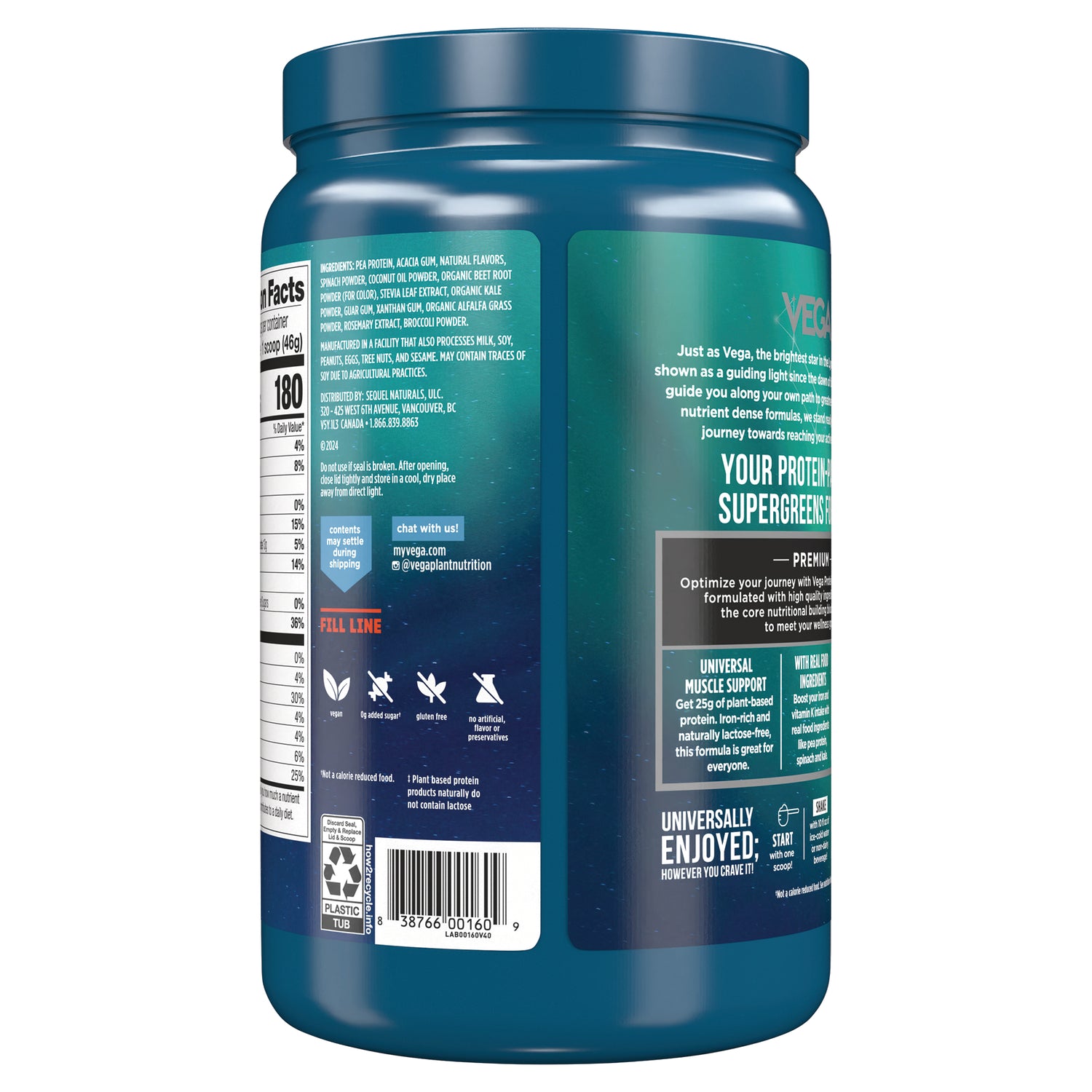 VGA007 | Back of Vega protein powder tub with nutrition facts, ingredients panel, claim icons, and barcode