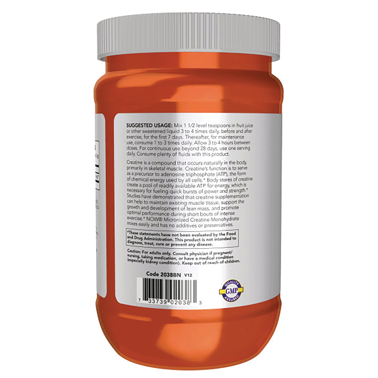 NWF1044 | back label of orange supplement jar showing suggested usage text, barcode and GMP seal