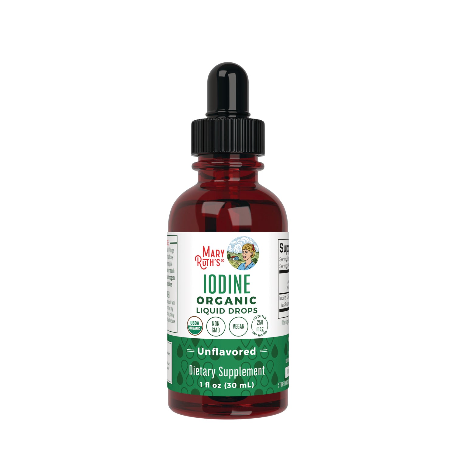MRR030 | Amber dropper bottle of MaryRuth's IODINE organic liquid drops, unflavored dietary supplement, 1 fl oz