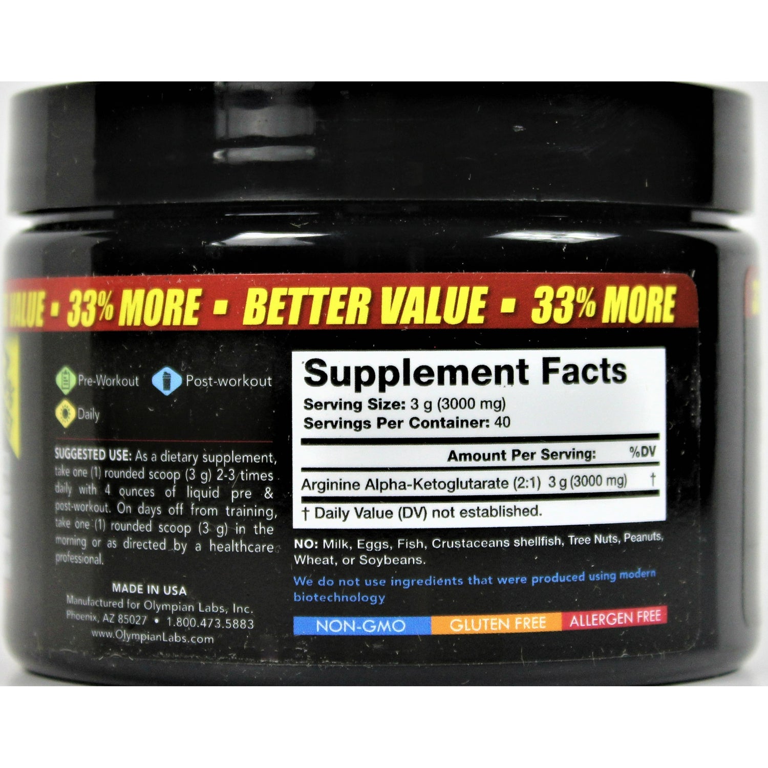 OL001 | Supplement Facts label and ingredients panel on black supplement jar showing serving size, Arginine Alpha-Ketoglutarate, and Non-GMO gluten free badges
