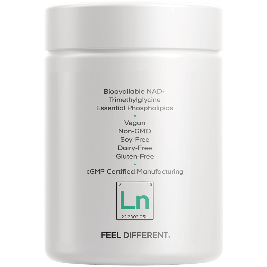 CDG067 | back label of white supplement jar listing Bioavailable NAD+, trimethylglycine, vegan and free-from claims, Ln logo - Thumbnail