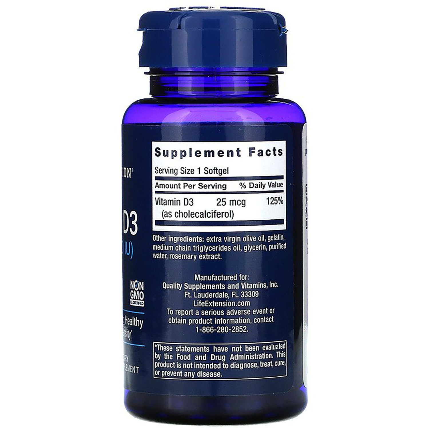 LE201 | Back of blue supplement bottle showing Supplement Facts label listing Vitamin D3 25 mcg and serving size 1 softgel