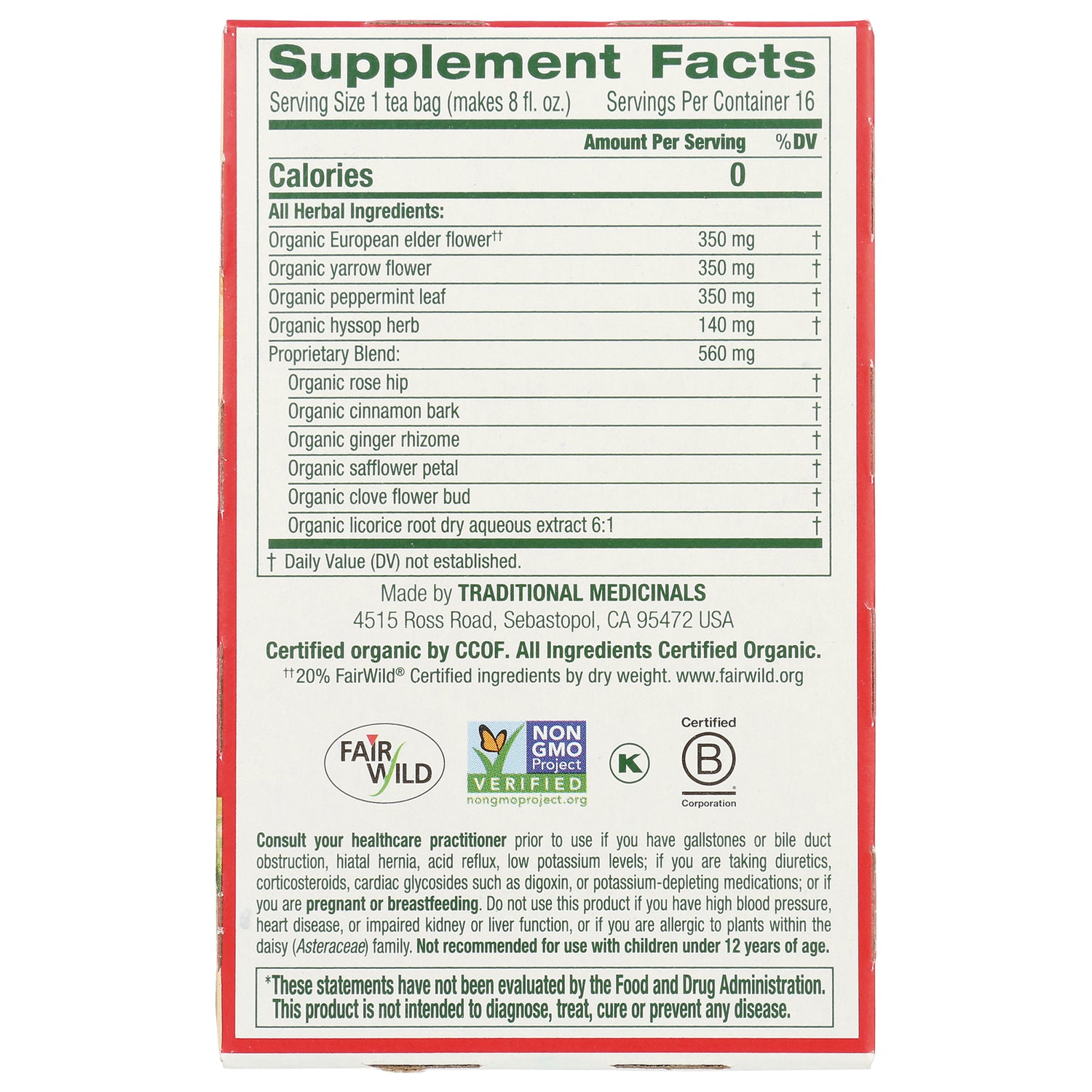 TMD034 | Back panel with Supplement Facts and organic ingredients list for herbal tea
