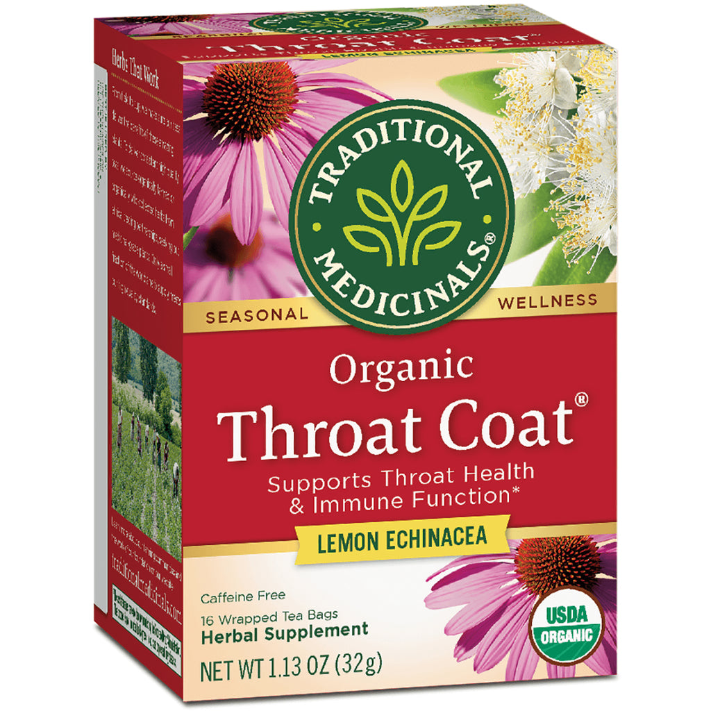 TMD022 | Traditional Medicinals Organic Throat Coat Lemon Echinacea tea box front, 16 wrapped tea bags - Thumbnail