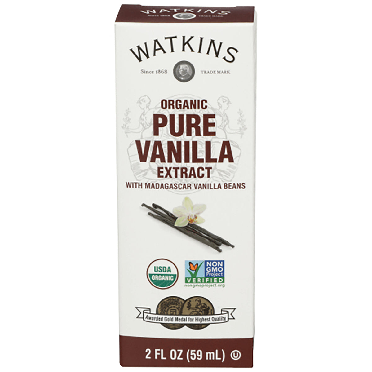 WTK012 | Watkins Organic Pure Vanilla Extract, 2 fl oz box front with Madagascar vanilla beans