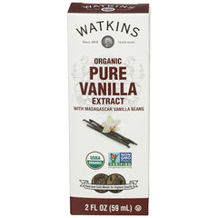 WTK012 | Watkins Organic Pure Vanilla Extract, 2 fl oz box front with Madagascar vanilla beans
