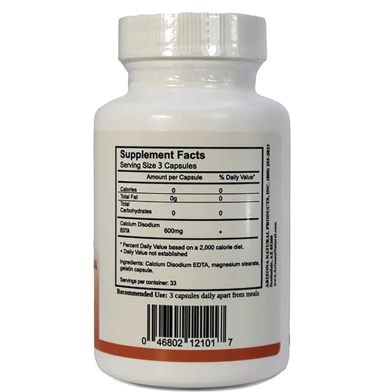 AN022 | Back label with Supplement Facts, serving size 3 capsules, Calcium Disodium EDTA 600 mg, barcode
