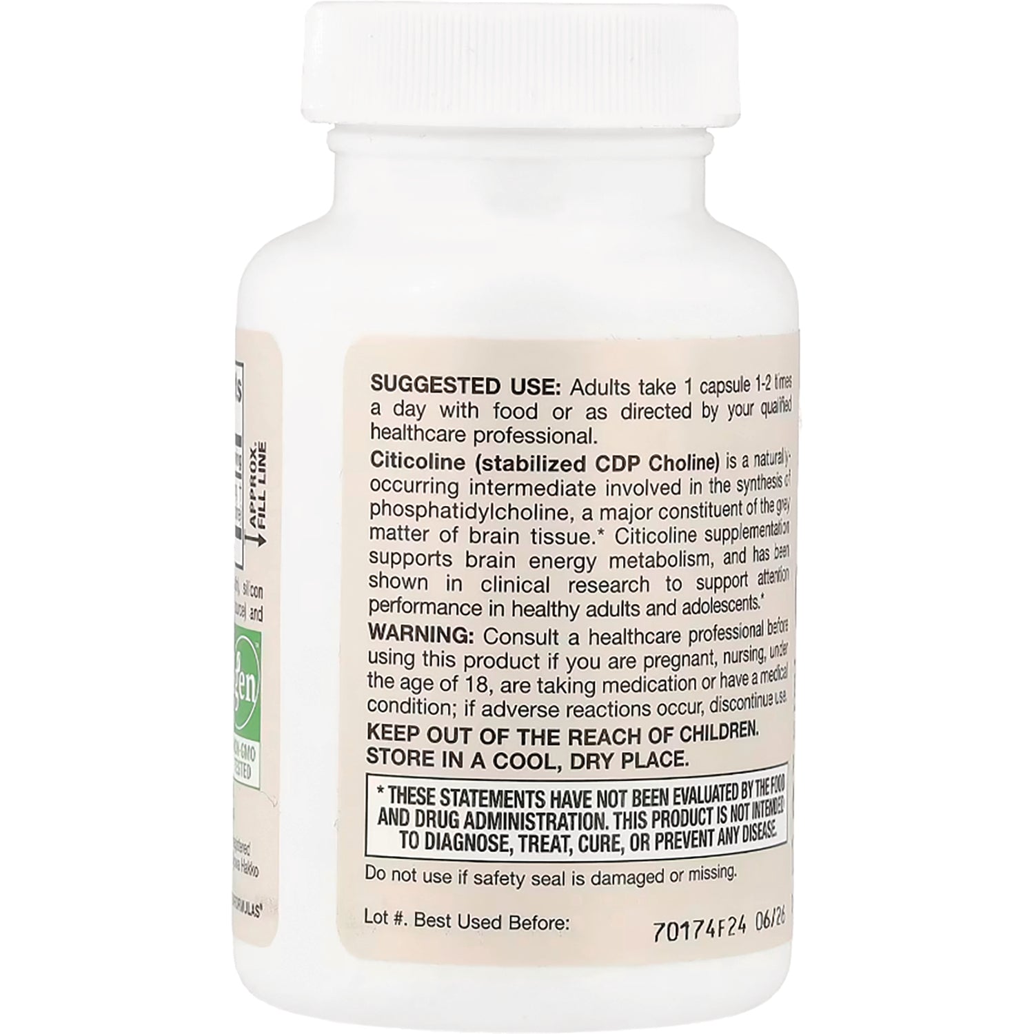JR318 | back label of white supplement bottle showing suggested use, warning, and lot/best used before information