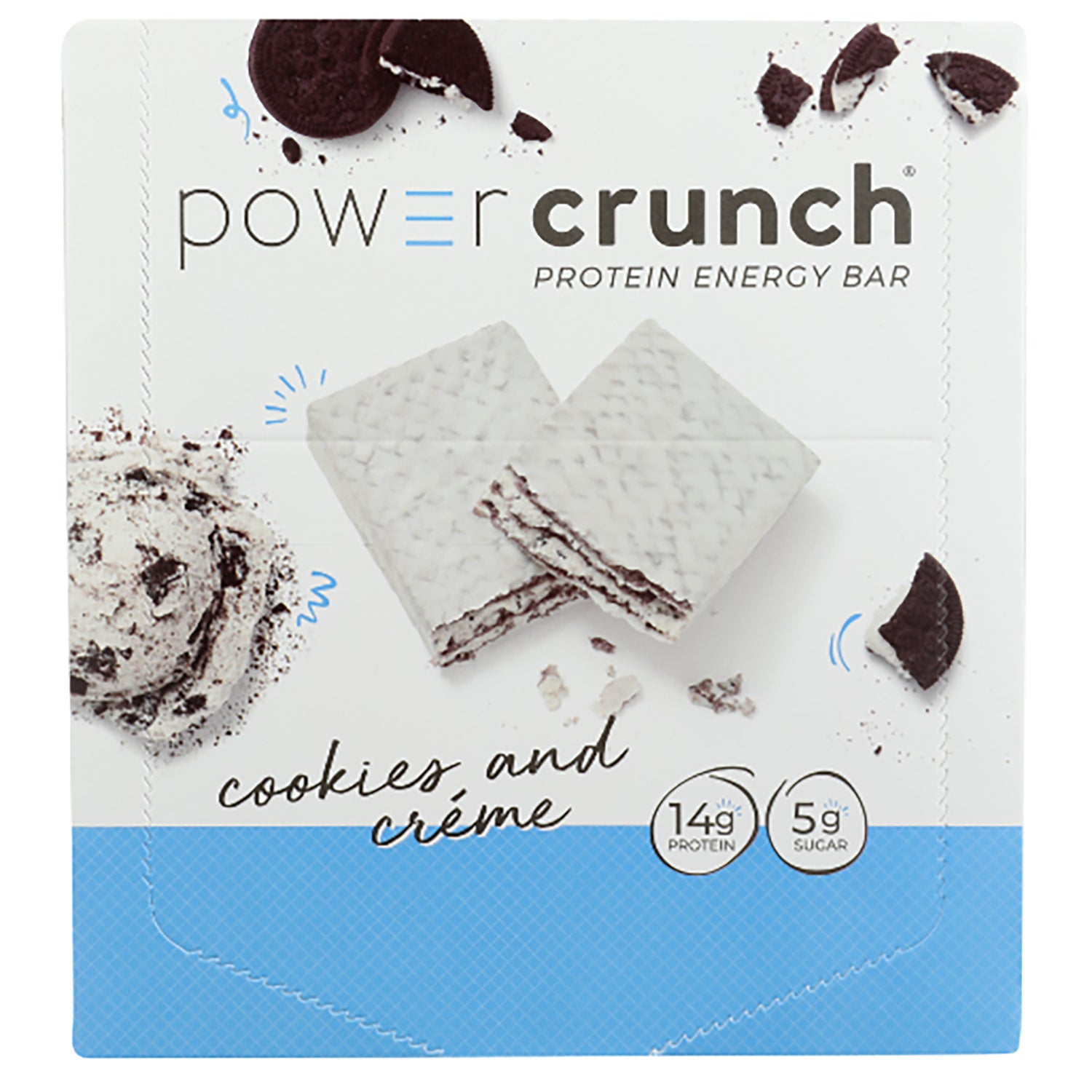 BNR001 | Power Crunch protein energy bar packaging showing cookies and crme wafer squares, cookie crumbs, 14g protein label