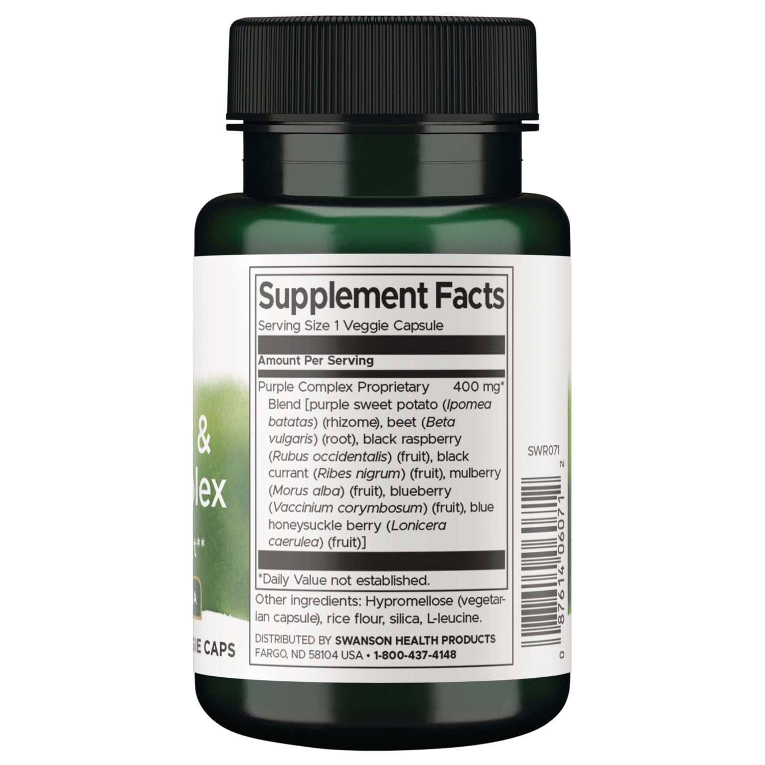 SWR071 | Back of supplement bottle showing Supplement Facts and ingredients panel