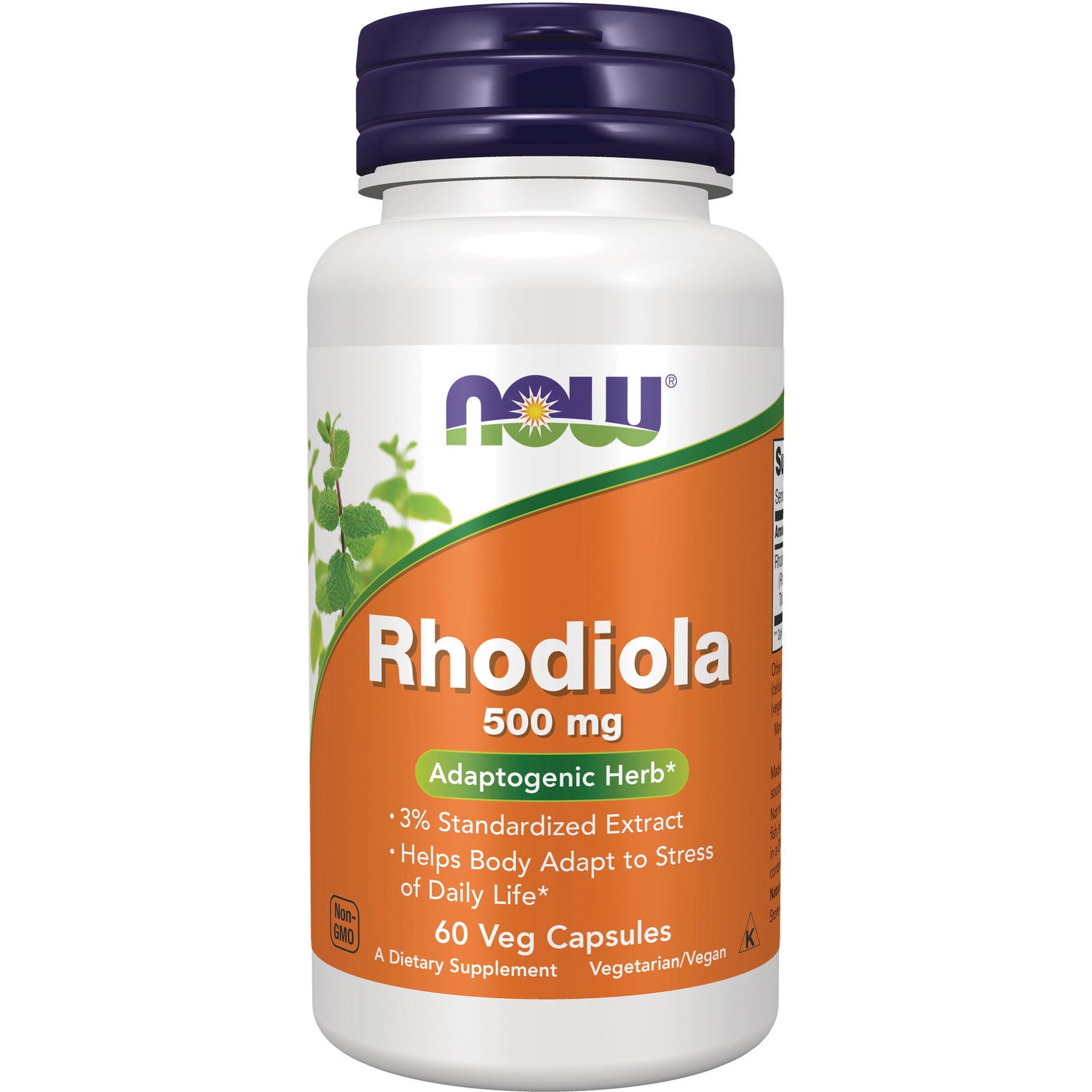 NWF271 | NOW Rhodiola 500 mg white bottle with orange label, 60 Veg Capsules, adaptogenic herb