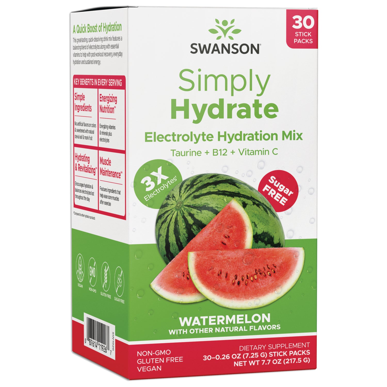 SW1926 | Swanson Simply Hydrate Electrolyte Hydration Mix, Watermelon, 30 stick packs, Taurine + B12 + Vitamin C