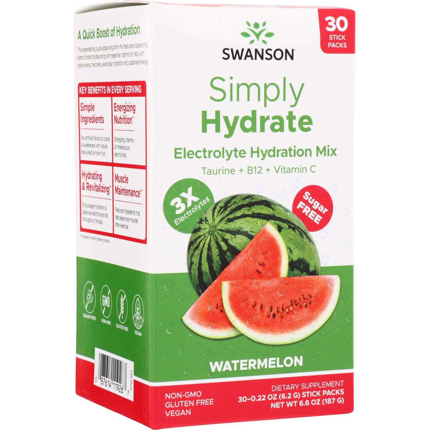 SW1926 | Swanson Simply Hydrate Electrolyte Hydration Mix, Watermelon, 30 stick packs, Taurine + B12 + Vitamin C
